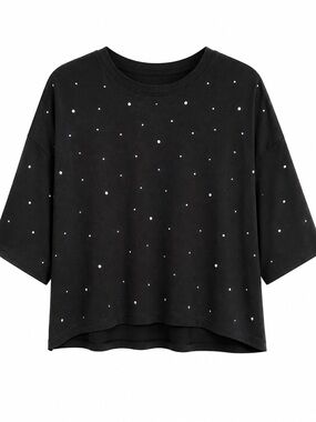 White Birch Black Rhinestone Studded Oversized Top XL Sparkle Crew Neck NWOT